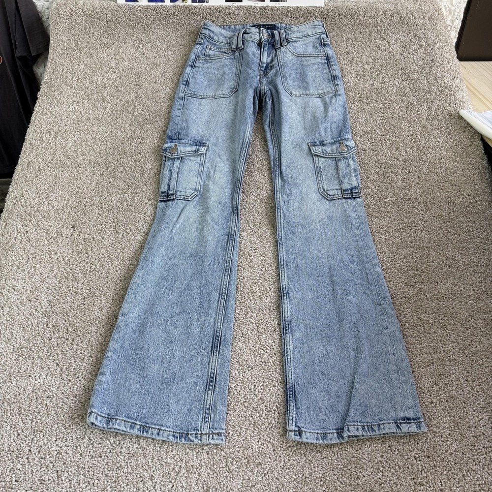 Aeropostale Mid Rise Flare Utility Cargo Jeans Womens 00 Light Wash Denim